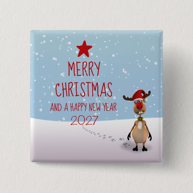 Funny Reindeer New Year Tree Christmas 2026 Button (Front)