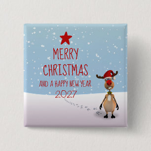 Funny Reindeer New Year Tree Christmas 2027 Button