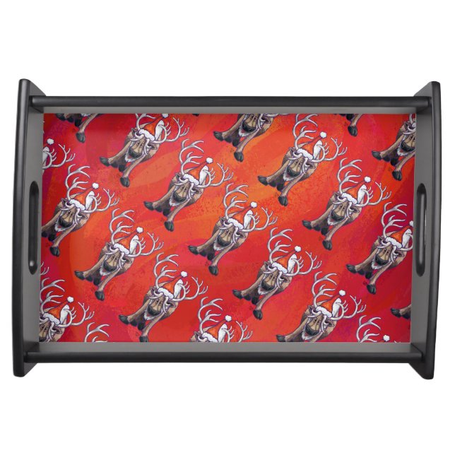 Funny Reindeer Pattern on Red Serving Tray (Front)