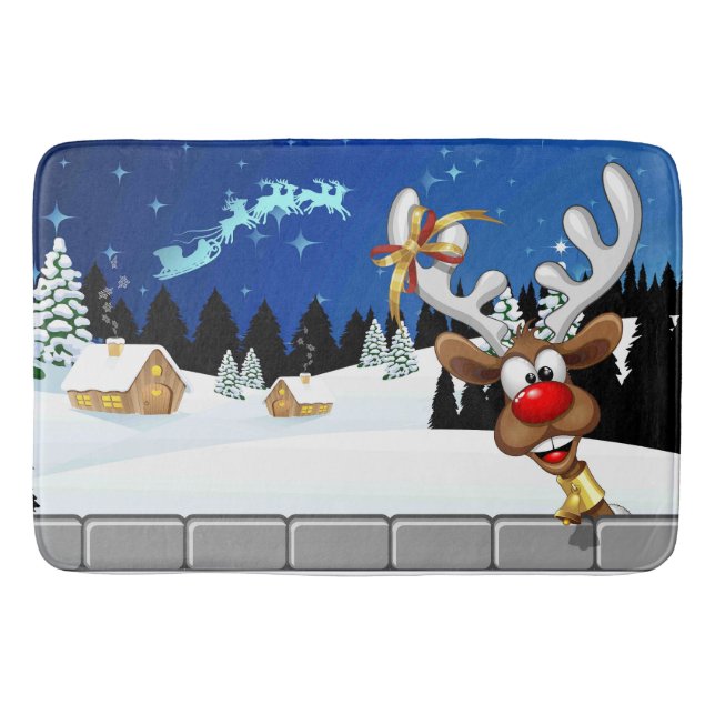Funny Reindeer Peeking Christmas Meme  Bath Mat (Front)