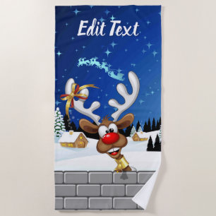 Funny Reindeer Peeking Christmas Meme Beach Towel