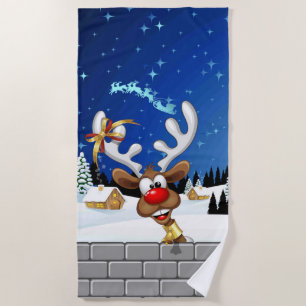 Funny Reindeer Peeking Christmas Meme Beach Towel