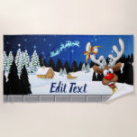 Funny Reindeer Peeking Christmas Meme  Beach Towel<br><div class="desc">A Funny cartoon reindeer with a bright red nose and large white antlers, adorned with a red and gold bow, peeks through an open window. Outside, a snowy landscape with silhouetted pine trees and a small, glowing house is visible under a dark blue, star-filled night sky. Santa's sleigh pulled by...</div>