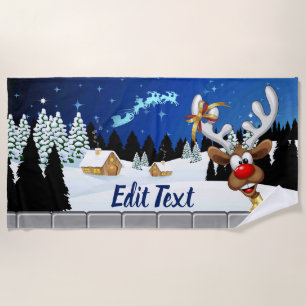Funny Reindeer Peeking Christmas Meme Beach Towel