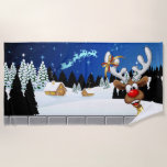 Funny Reindeer Peeking Christmas Meme  Beach Towel<br><div class="desc">A Funny cartoon reindeer with a bright red nose and large white antlers, adorned with a red and gold bow, peeks through an open window. Outside, a snowy landscape with silhouetted pine trees and a small, glowing house is visible under a dark blue, star-filled night sky. Santa's sleigh pulled by...</div>