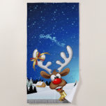 Funny Reindeer Peeking Christmas Meme  Beach Towel<br><div class="desc">A Funny cartoon reindeer with a bright red nose and large white antlers, adorned with a red and gold bow, peeks through an open window. Outside, a snowy landscape with silhouetted pine trees and a small, glowing house is visible under a dark blue, star-filled night sky. Santa's sleigh pulled by...</div>