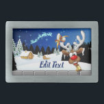 Funny Reindeer Peeking Christmas Meme  Belt Buckle<br><div class="desc">A Funny cartoon reindeer with a bright red nose and large white antlers, adorned with a red and gold bow, peeks through an open window. Outside, a snowy landscape with silhouetted pine trees and a small, glowing house is visible under a dark blue, star-filled night sky. Santa's sleigh pulled by...</div>
