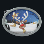 Funny Reindeer Peeking Christmas Meme  Belt Buckle<br><div class="desc">A Funny cartoon reindeer with a bright red nose and large white antlers, adorned with a red and gold bow, peeks through an open window. Outside, a snowy landscape with silhouetted pine trees and a small, glowing house is visible under a dark blue, star-filled night sky. Santa's sleigh pulled by...</div>