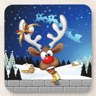 Funny Reindeer Peeking Christmas Meme  Beverage Coaster