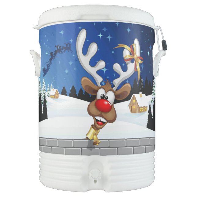 Funny Reindeer Peeking Christmas Meme  Beverage Cooler (Front)
