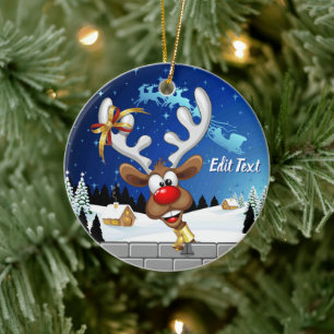 Funny Reindeer Peeking Christmas Meme Ceramic Ornament