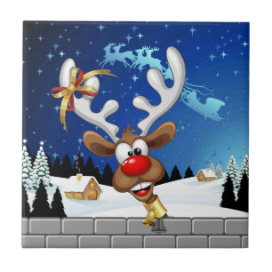 Funny Reindeer Peeking Christmas Meme Ceramic Tile
