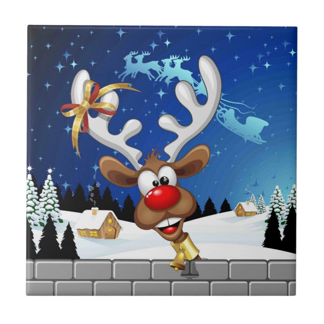Funny Reindeer Peeking Christmas Meme  Ceramic Tile (Front)