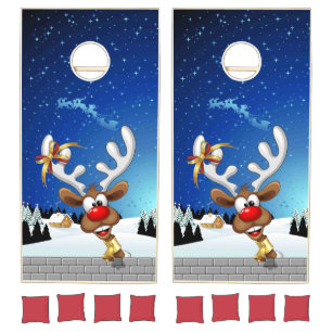 Funny Reindeer Peeking Christmas Meme Cornhole Set