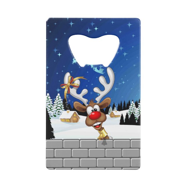 Funny Reindeer Peeking Christmas Meme  Credit Card Bottle Opener (Front)