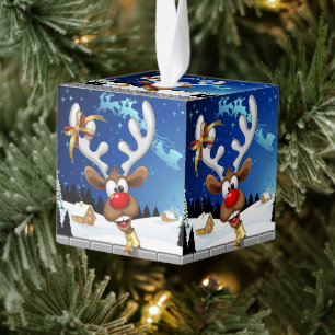 Funny Reindeer Peeking Christmas Meme  Cube Ornament