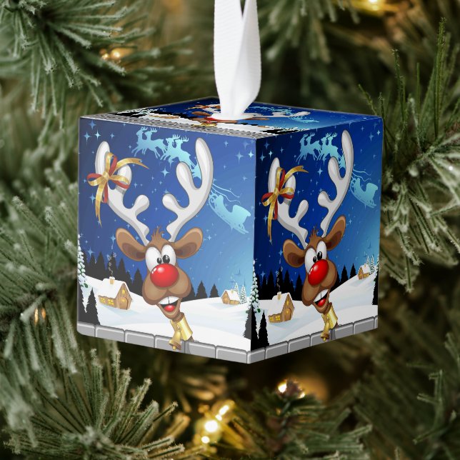 Funny Reindeer Peeking Christmas Meme  Cube Ornament (Tree)