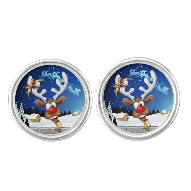 Funny Reindeer Peeking Christmas Meme  Cufflinks (Front)