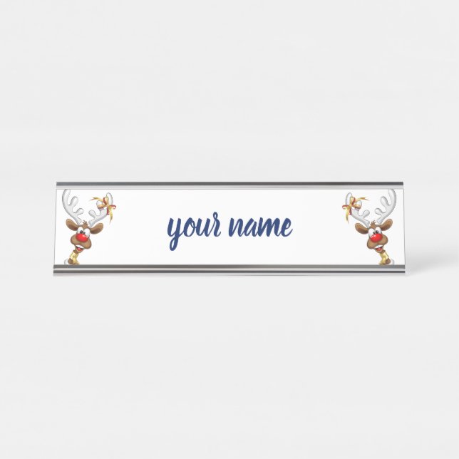 Funny Reindeer Peeking Christmas Meme  Desk Name Plate (Front)