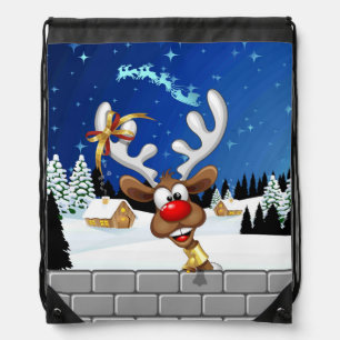 Funny Reindeer Peeking Christmas Meme  Drawstring Bag