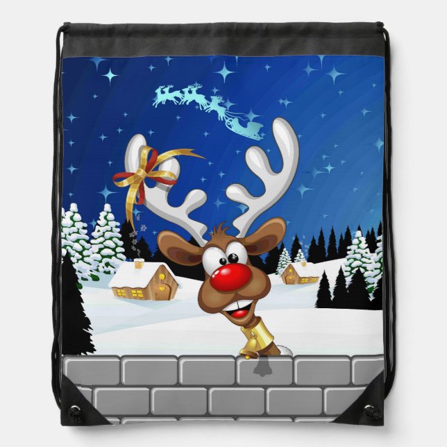Funny Reindeer Peeking Christmas Meme  Drawstring Bag (Front)