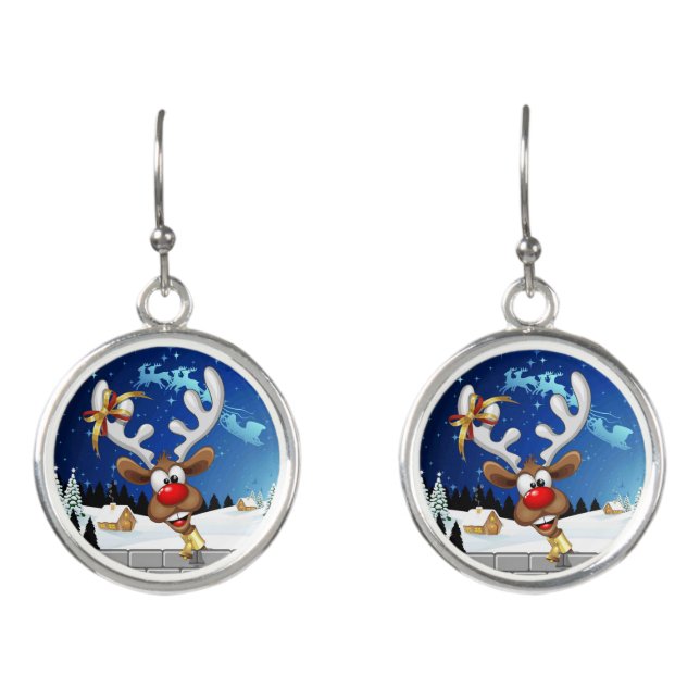 Funny Reindeer Peeking Christmas Meme  Earrings (Front)