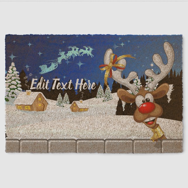 Funny Reindeer Peeking Christmas Meme  Fiber Doormat (Front)