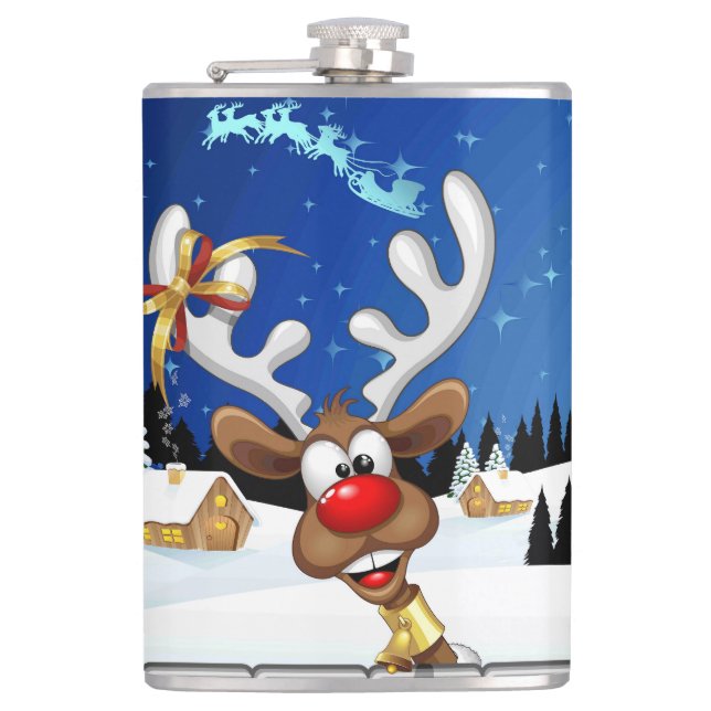 Funny Reindeer Peeking Christmas Meme  Flask (Front)