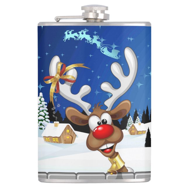 Funny Reindeer Peeking Christmas Meme  Flask (Front)