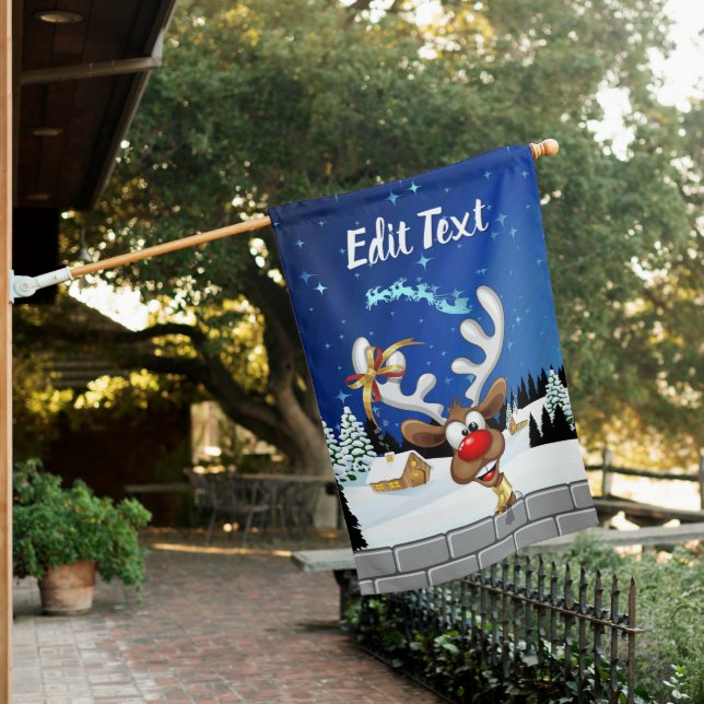Funny Reindeer Peeking Christmas Meme  House Flag (In SItu)