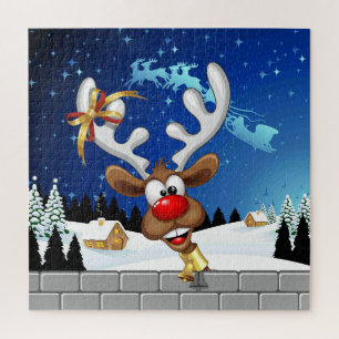 Funny Reindeer Peeking Christmas Meme Jigsaw Puzzle