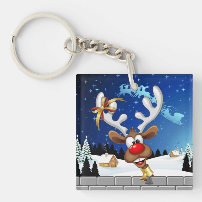 Funny Reindeer Peeking Christmas Meme  Keychain (Front)