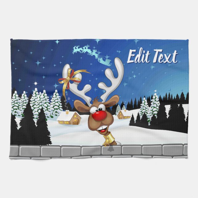 Funny Reindeer Peeking Christmas Meme  Kitchen Towel (Horizontal)