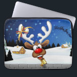 Funny Reindeer Peeking Christmas Meme  Laptop Sleeve<br><div class="desc">A Funny cartoon reindeer with a bright red nose and large white antlers, adorned with a red and gold bow, peeks through an open window. Outside, a snowy landscape with silhouetted pine trees and a small, glowing house is visible under a dark blue, star-filled night sky. Santa's sleigh pulled by...</div>