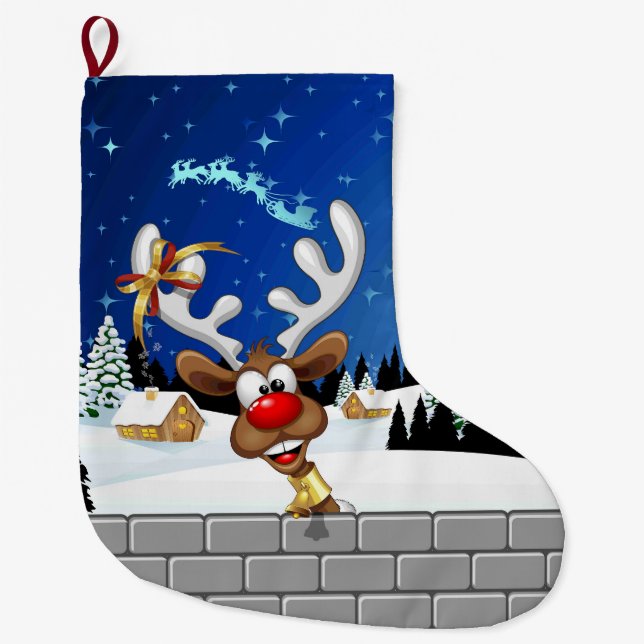 Funny Reindeer Peeking Christmas Meme  Large Christmas Stocking (Front)