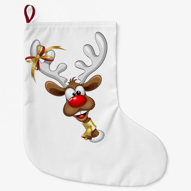 Funny Reindeer Peeking Christmas Meme  Large Christmas Stocking (Front)