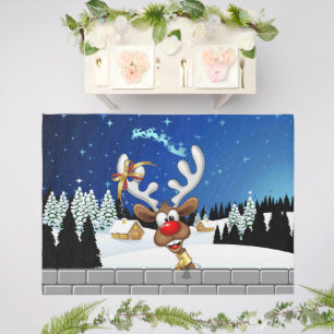 Funny Reindeer Peeking Christmas Meme Outdoor Rug