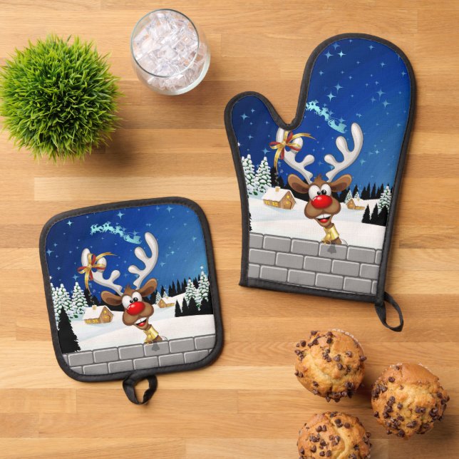 Funny Reindeer Peeking Christmas Meme  Oven Mitt & Pot Holder Set (Top Down)