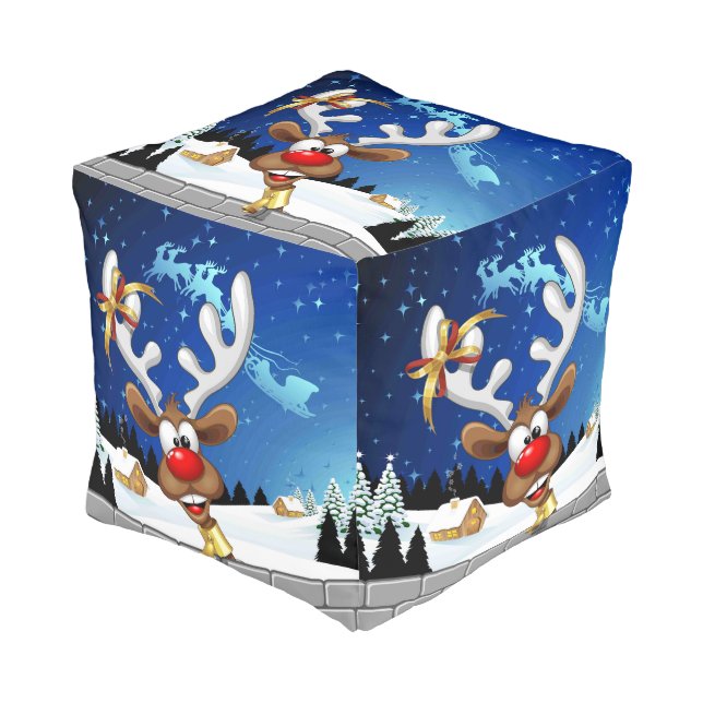 Funny Reindeer Peeking Christmas Meme  Pouf (Angled Front)