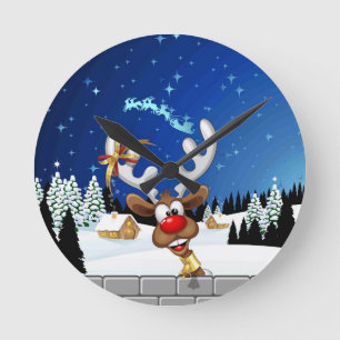 Funny Reindeer Peeking Christmas Meme  Round Clock
