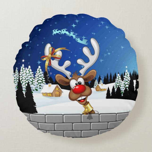 Funny Reindeer Peeking Christmas Meme  Round Pillow (Front)