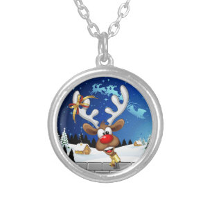 Funny Reindeer Peeking Christmas Meme Silver Plated Necklace