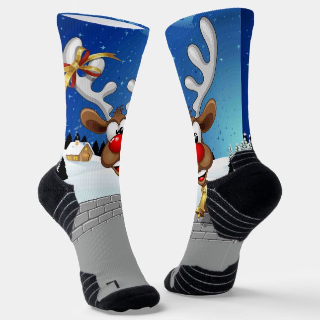 Funny Reindeer Peeking Christmas Meme  Socks (Angled)
