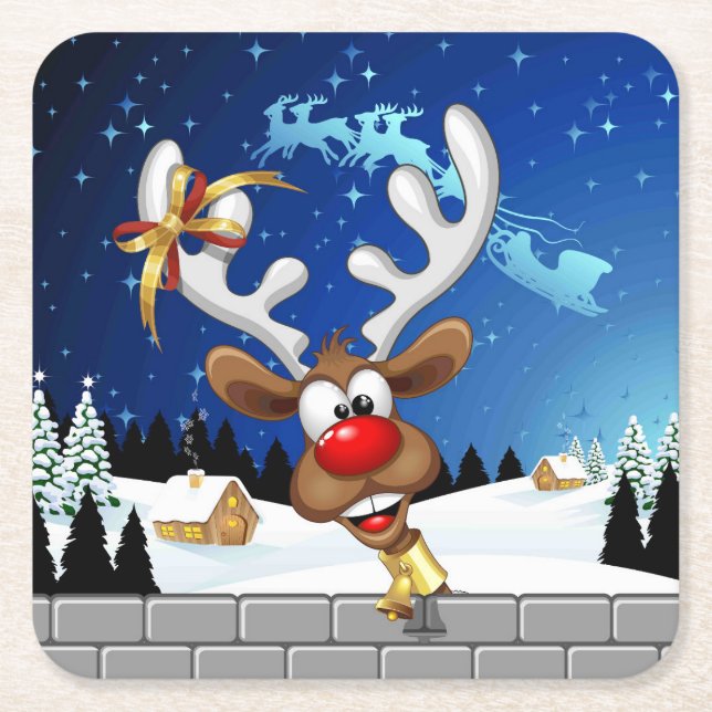 Funny Reindeer Peeking Christmas Meme  Square Paper Coaster (Front)