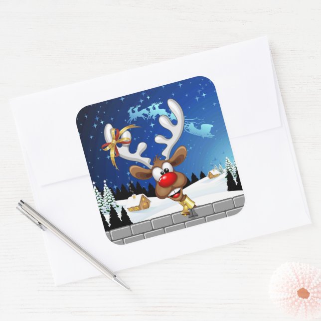 Funny Reindeer Peeking Christmas Meme  Square Sticker (Envelope)