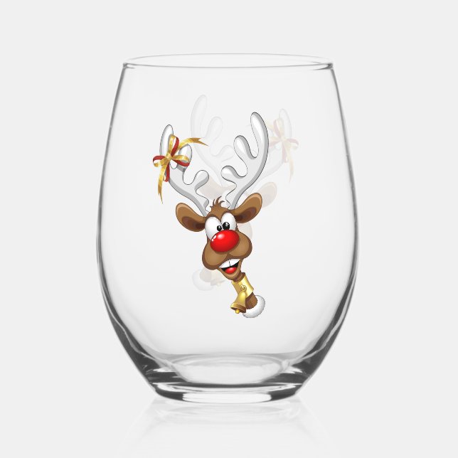 Funny Reindeer Peeking Christmas Meme  Stemless Wine Glass (Front)
