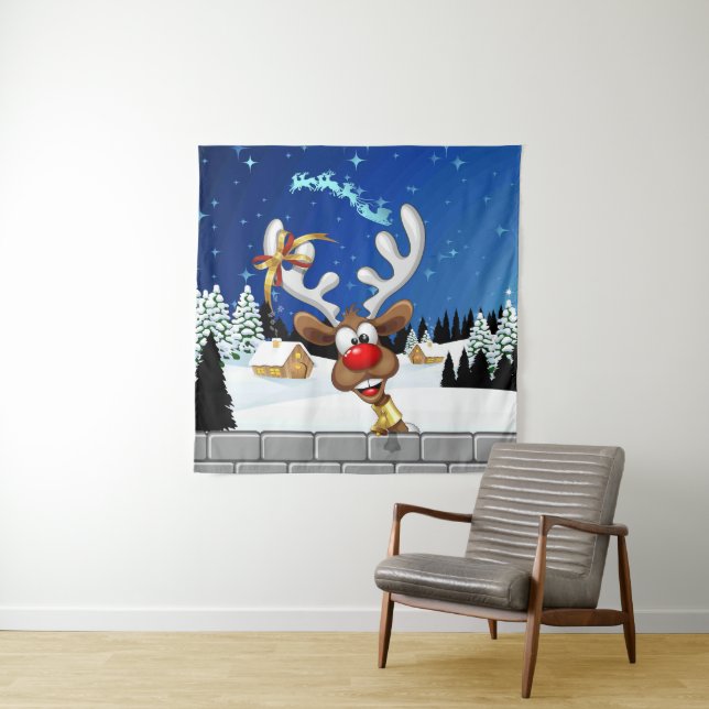 Funny Reindeer Peeking Christmas Meme  Tapestry (In Situ)