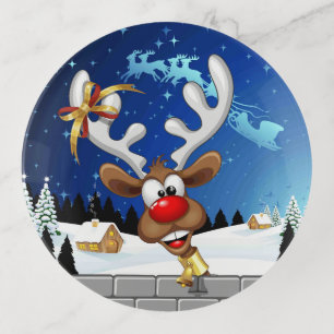 Funny Reindeer Peeking Christmas Meme Trinket Tray
