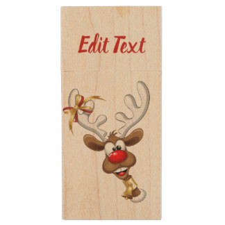 Funny Reindeer Peeking Christmas Meme Wood Flash Drive