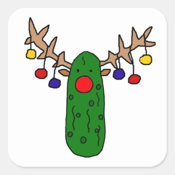 Funny Reindeer Pickle Christmas Cartoon Square Sticker by ChristmasSmiles at Zazzle